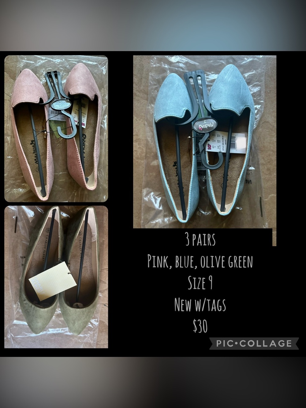 3 Pairs Pointed women’s Flats - Pink, Blue, Olive Green